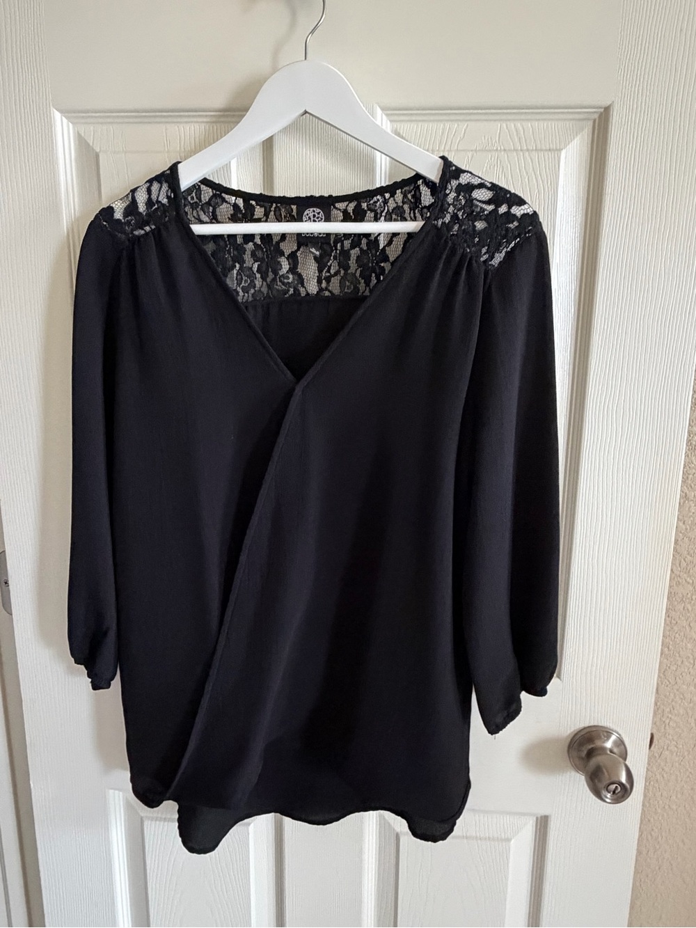bobeau Black Lace-Trim Wrap Blouse